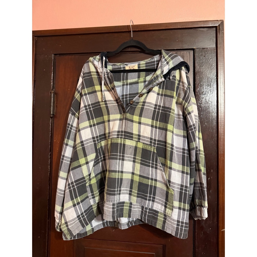 At Last & Co Plaid Hoodie Pullover Green Grey Button Front Kangaroo Pocket L/XL